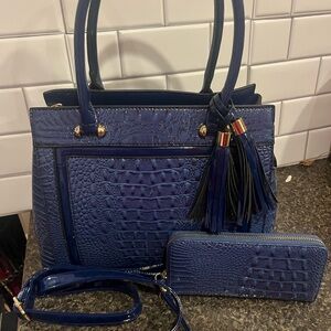 💙 Navy Croc-Embossed 3-Piece Handbag Set with Tassel Accent 💙